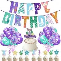 30PCS Happy Birthday Mermaid Ballon Banner Confetti Glitter Cake Topper Set Party Decorations  Baby Shower Decorations