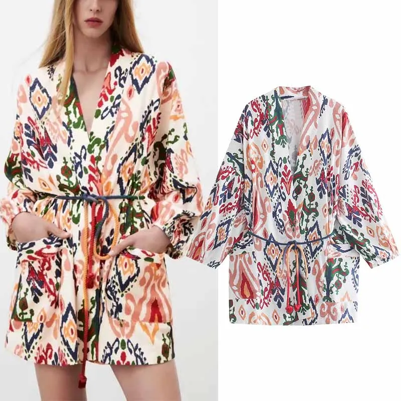 

WESAY JESI Women's Clothing Blouses And Shirts Za Fashion Casual Shirt Vintage Printed Blouses Long Sleeve Kimono Loose Pockets