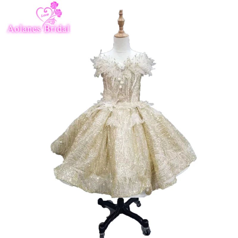 2019 г. Золотое кружевное блестящее платье с цветочным узором для девочек