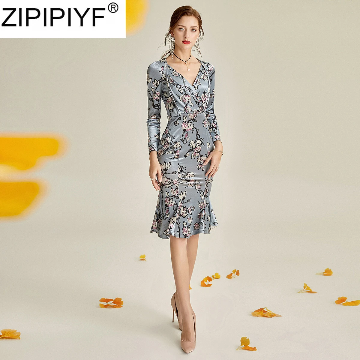 

2020 Spring Summer Fashion Elegant Print Dress Vintage Women Long Sleeve V-neck Sexy Empire Velvet Mermaid Dresses Vestidos