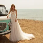 Тюлевые Свадебные платья с длинным рукавом, Кружевная аппликация в стиле бохо, свадебное платье 2021, простое платье с V-образным вырезом