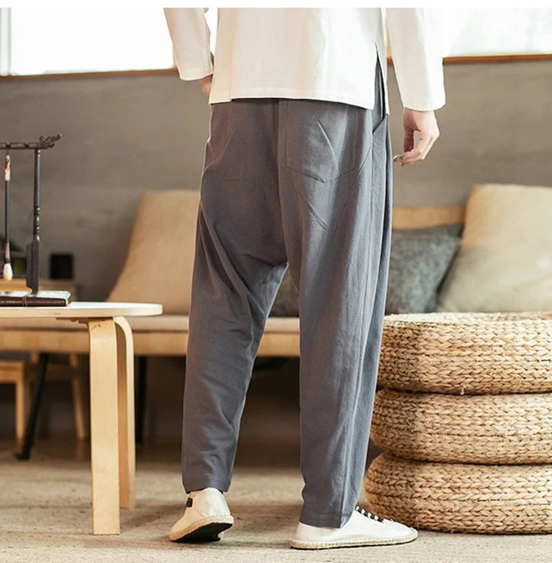 Мужские льняные брюки шаровары повседневные свободные с вышивкой в китайском