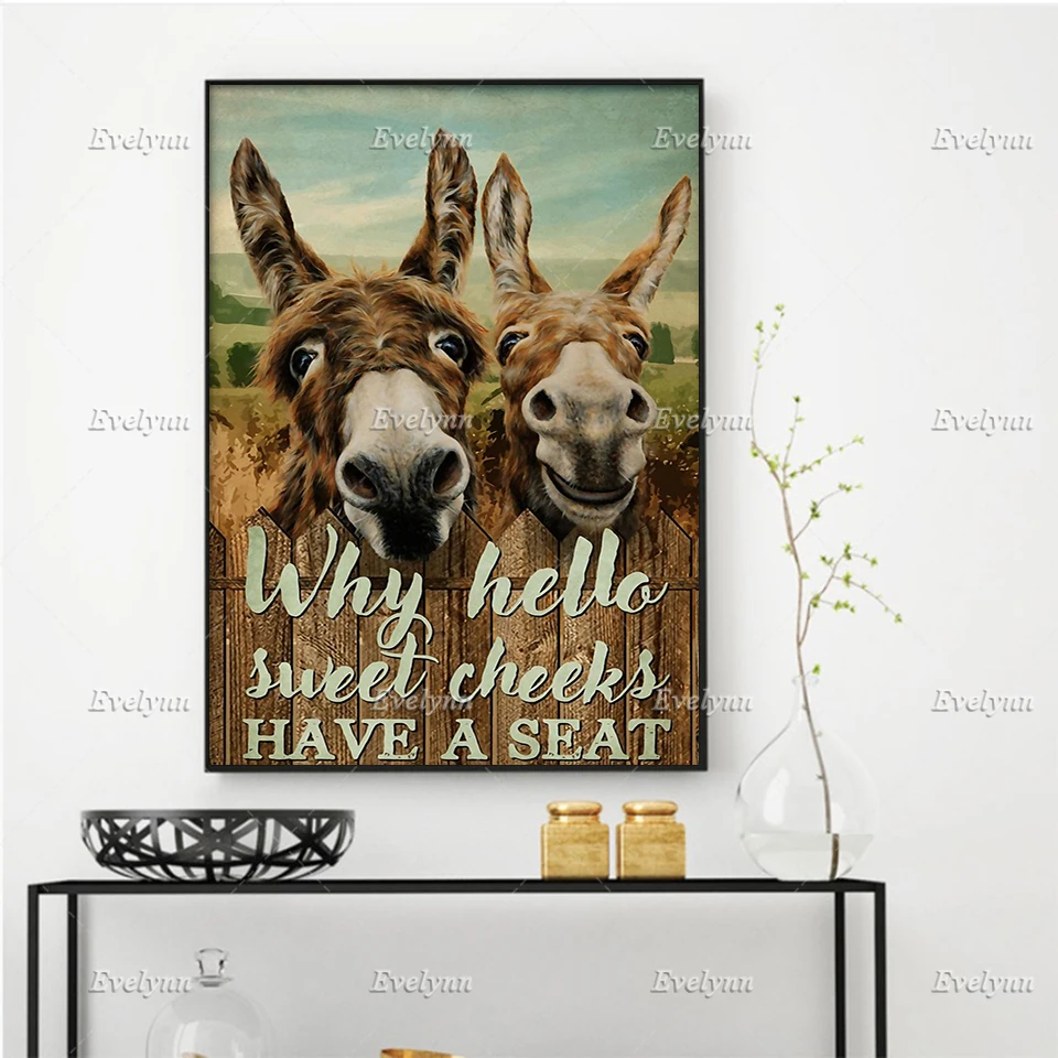 

Donkey Couple Retro Poster Why Hello Sweet Cheeks Have A Seat Toilet Restroom Wall Art Prints Home Decor Canvas Floating Frame