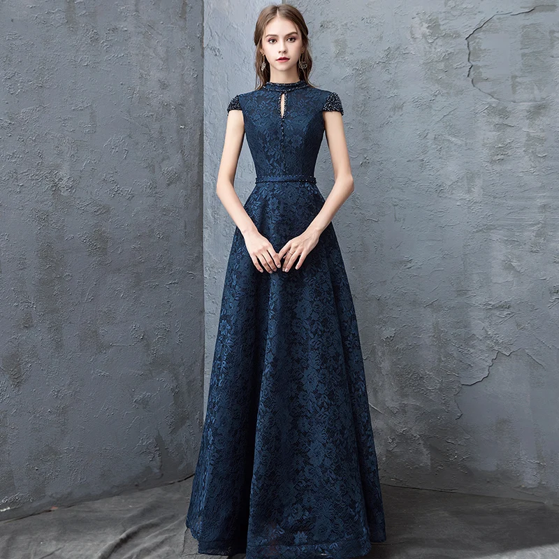 

Gray Lace Evening Dresses For Women Modest O-neck A-line Floor-length Luxury Handmade Beaded Prom Gowns Long 2020