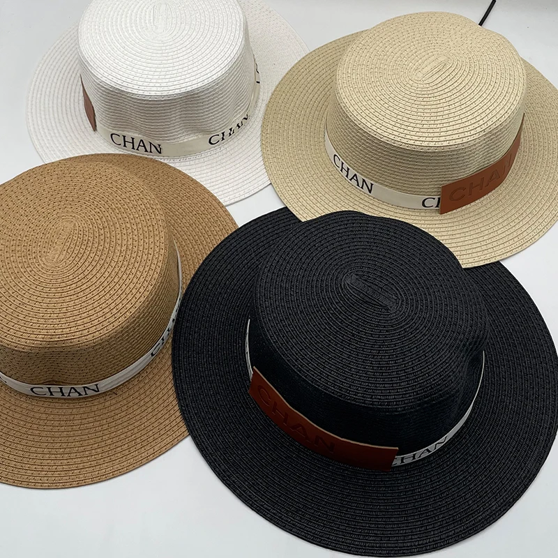 

2021 Summer Panama Designer Style Letter Strips Hand-woven Ladies Straw Hat High-quality Raffia Ladies Bucket Hat Wide Brim Hat