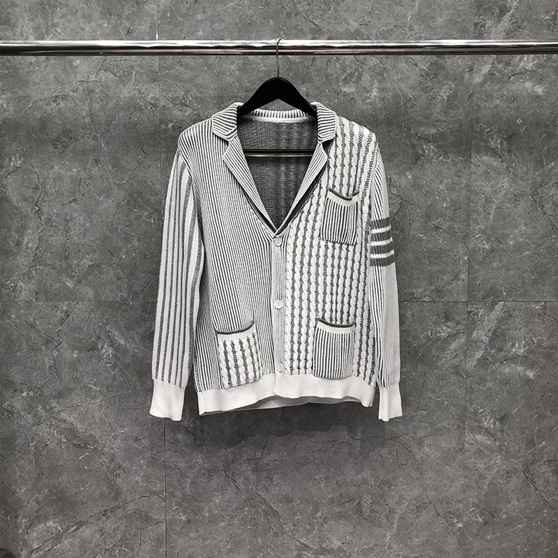 TB THOM Sweater Winter Sweater Male Fashion Brand Men's Clothing Light Gray Fine Cotton 4-Bar Stripe Patchwork Cardigan Coats