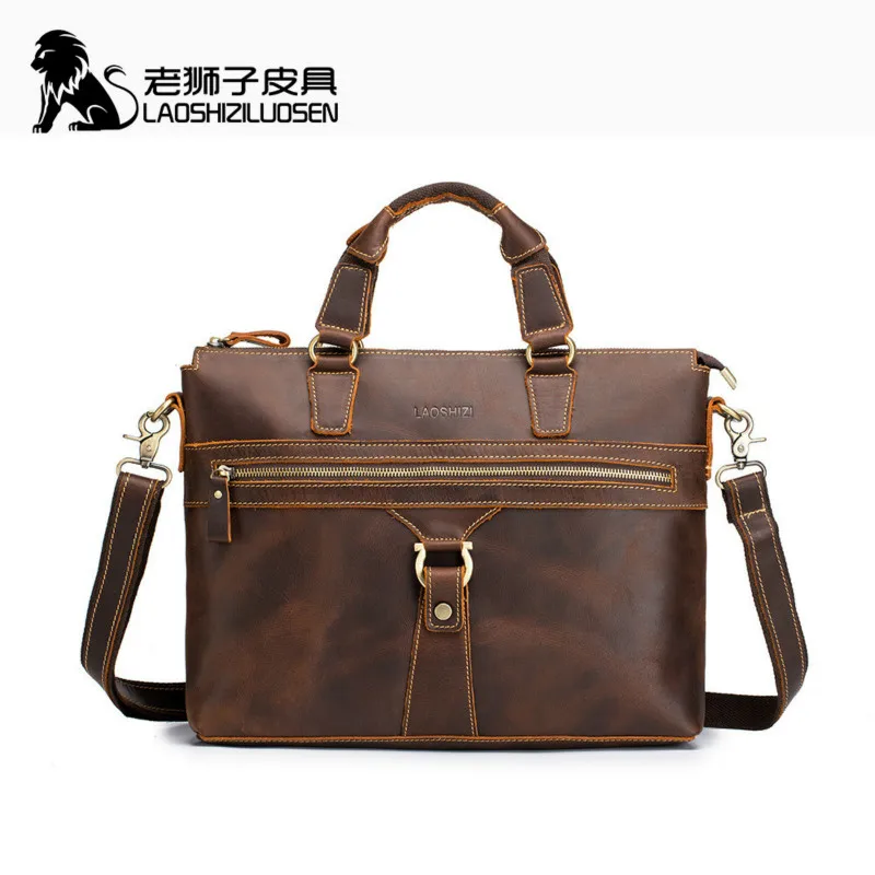 

LAOSHIZI Quality Men's Vintage Real Crazy Horse Leather Briefcase Messenger Shoulder Portfolio Laptop Bag Case Office Handbag