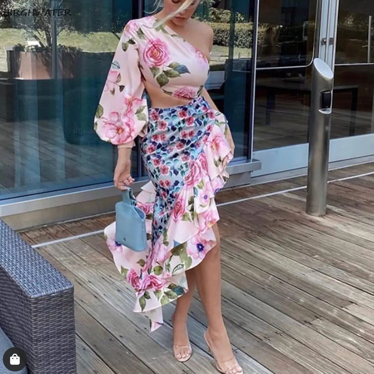 

Women's Suit One Shoulder Floral Print Ruffles Lantern Sleeve Sexy Suits With Skirt Summer Crop Top and Skirt Beach 2-Piece Sets