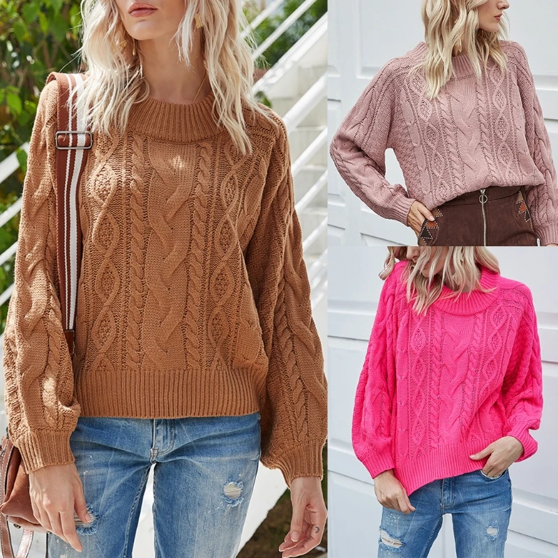 

Women Long Sleeve O-Neck Sweater Chunky Twist Cable Knitted Pullover Tops Solid Color Casual Loose Basic Jumper Shirts
