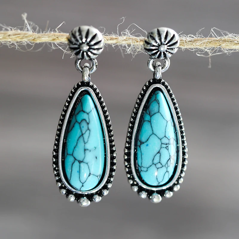 

Bohemian Waterdrop Blue s Dangle Earrings Silver Color Ethnic Tribal Drop for Women Party Jewlery Vintage Gift