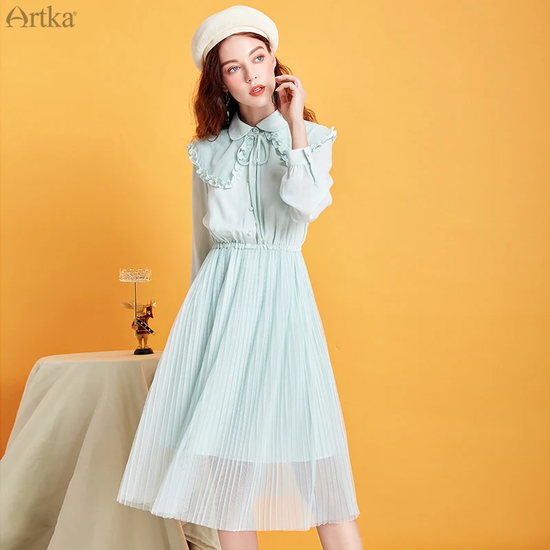 Женское длинное шифоновое платье с оборками ARTKA розовое элегантное круглым