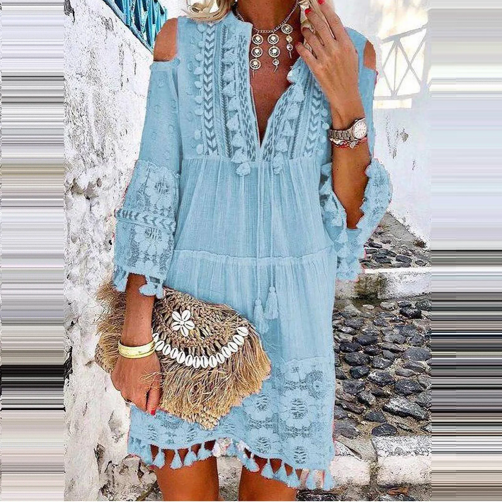 

Женское мини-платье с V-образным вырезом, короткое Кружевное платье в богемном стиле с длинным рукавом и кисточками, свободное повседневное ...