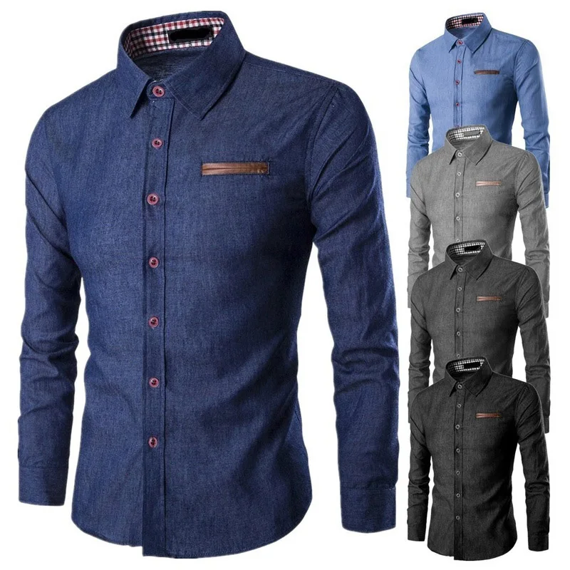 

Men's Casual Long Sleeve Shirt Pocket Patchwork Color Slim Fit Turn-down Collar Business Shirt Button Slim Cotton Denim Shirts