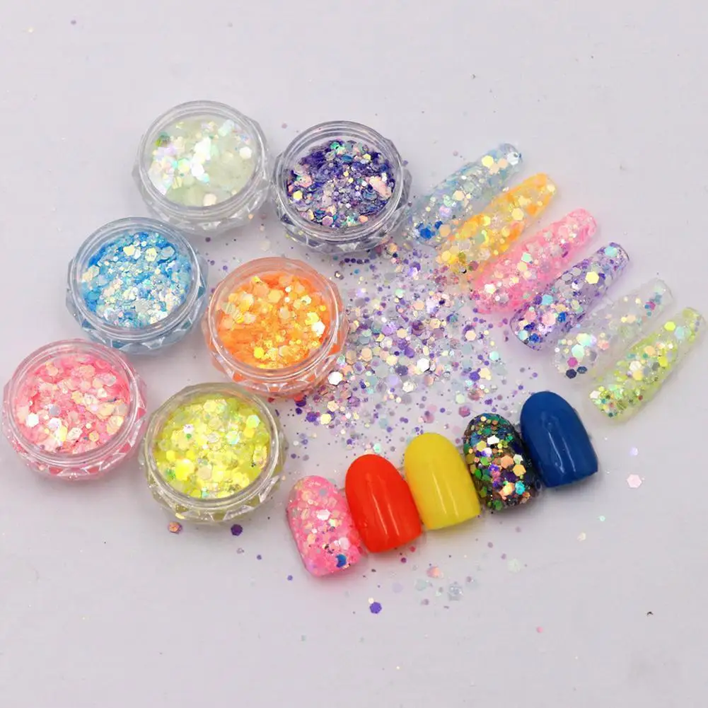 

6 Colors/Bag Shiny Glow In The Dark Nail Glitter Chunky Manicure Sequins Luminous Decorations Mix Art Size Nail Hexagon Fla E6X5