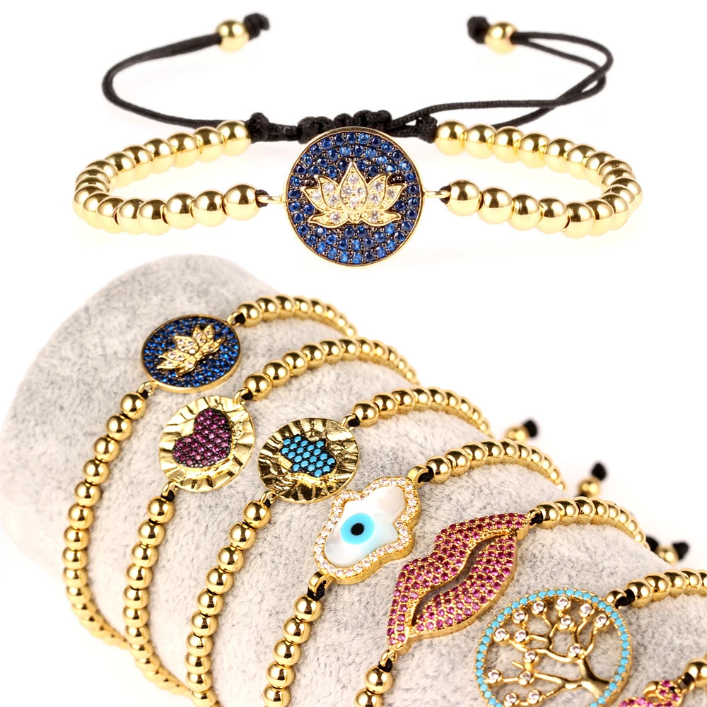 2020 новый золотой женский микро брусчатка Lotus сердце Шарм Регулируемый бисерный