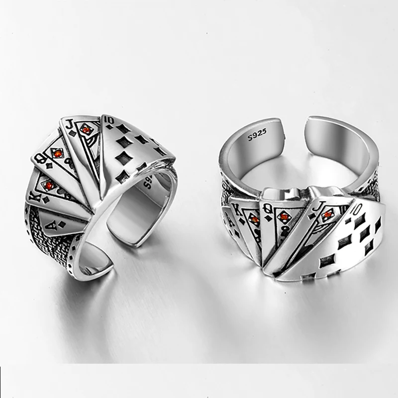 Playing Card Chunky Cubic Zirconia Engraved Adjustable 925 Sterling Silver Ring For Men Vintage Wholesale Jewelry | Украшения и
