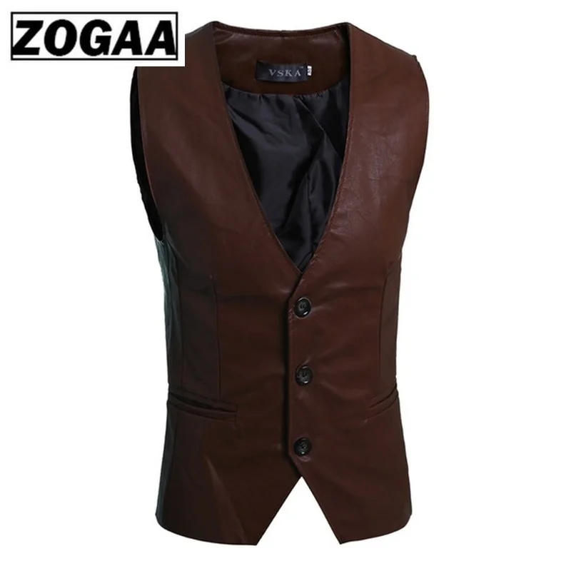 ZOGAA Men's Slim Vest Sleeveless Jacket Casual PU Leather Vests Button Open V-neck Geek Simple Joker Fit Men | Мужская одежда