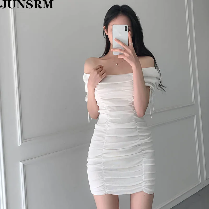 

Elegant Sweet Knitted Dress Women 2020 Summer New Mini Vestidos Femme Elegant Square Collar Korean Style Party Night Dresses