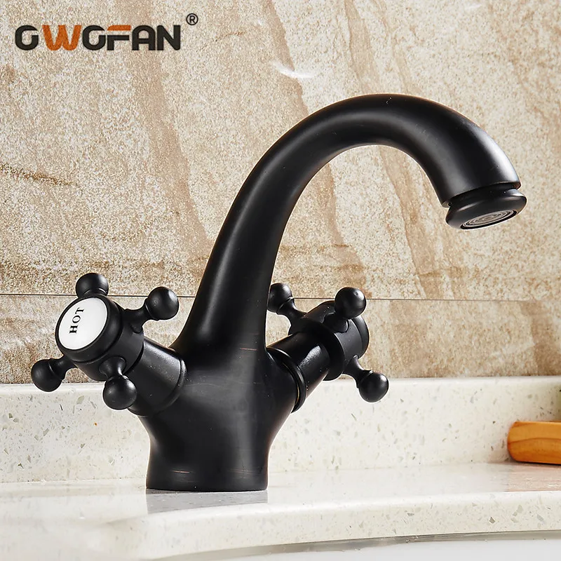 

Античные черные смесители для раковины, смесители для раковины в ванную комнату, ретро кран с двойной ручкой, черный Поворотный смеситель д...