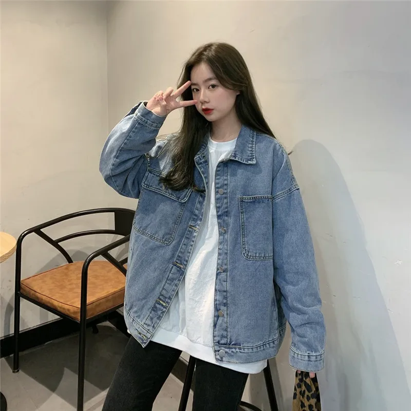 

Women 2021 Fashion Vintage Stylish Pockets Oversized Denim Jacket Coat Lapel Collar Long Sleeve Loose Outerwear Chic Tops Y228