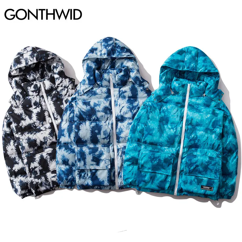 GONTHWID Tie Dye/толстая теплая парка со съемным капюшоном, куртки, хип-хоп хлопчатобумажные пуховики в повседневном стиле, парки, зимние пальто, уличная верхняя одежда