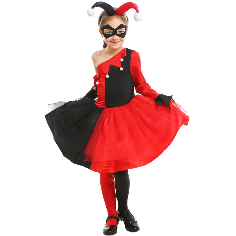 Girl Red Black Clown Outfit Movie Harley Joker Criminal Costume Quinn Book Week Child Fancy Dress images - 6