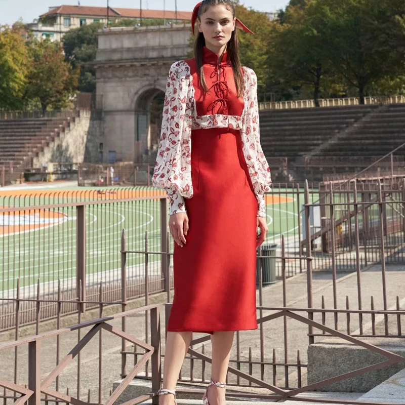 

2021 Spring New Bohemian Print Bow Long Sleeve Shirt Slim Fit Temperament Half Skirt Women'S Two-Piece High Quality