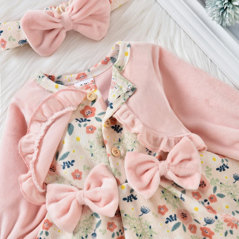 Newborn Girl Casual Romper Outfits Long Sleeve Floral Printed Patchwork Dress Style Playsuit + Bow-Knot Decor Headband Set | Детская