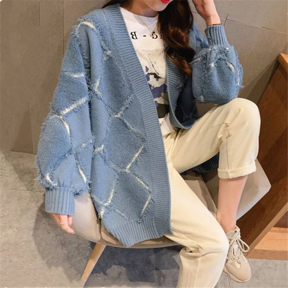 Свободный женский свитер кардиган на весну и осень милый толстый вязаный с