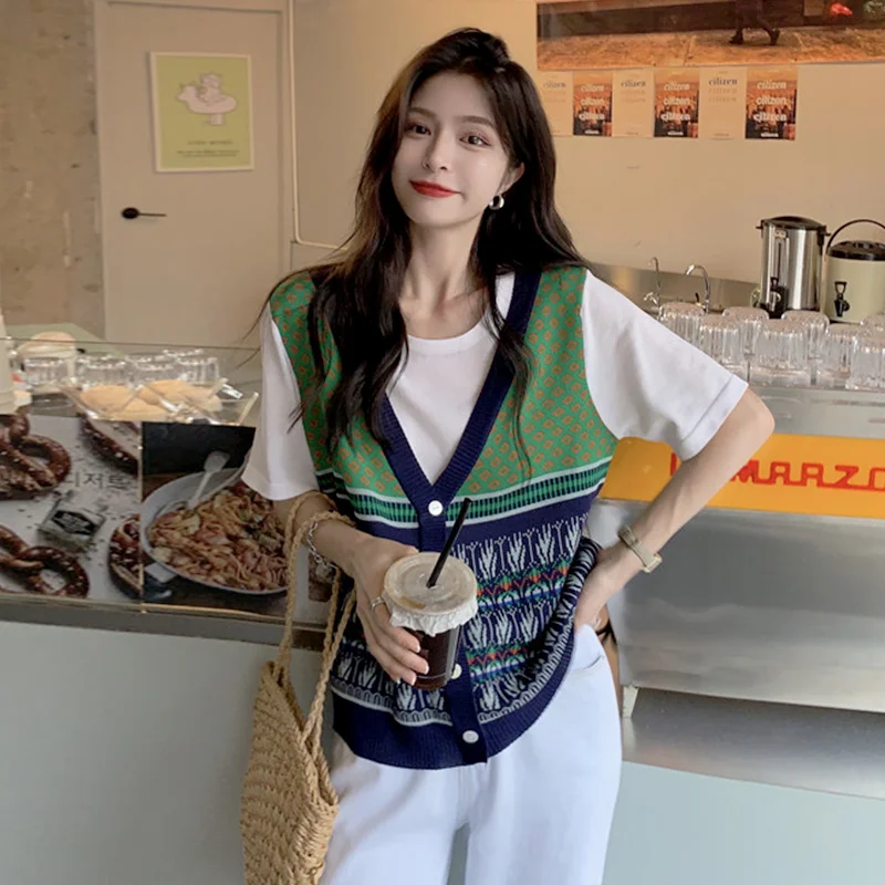 Футболки с имитацией двух коротких рукавов женская летняя одежда нового дизайна