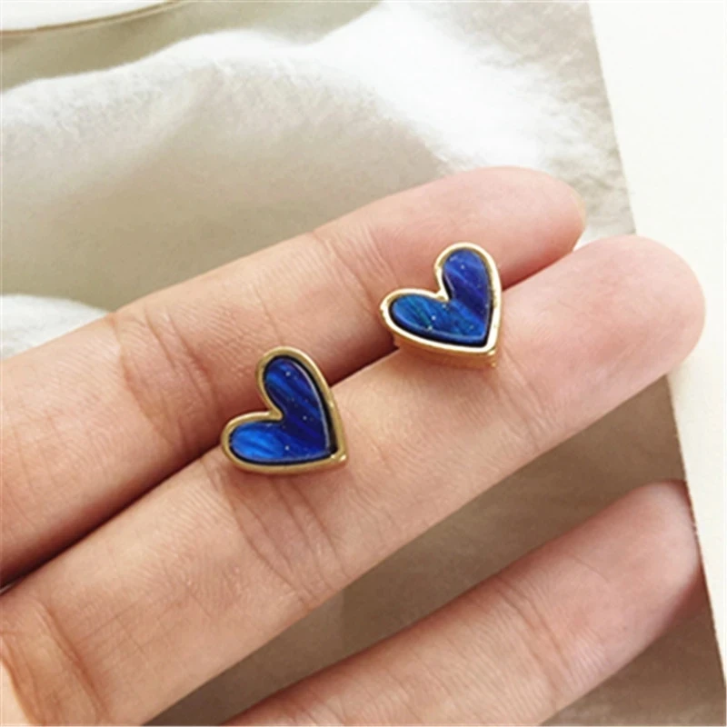 

2021 Fashion Blue Pink Heart Stud Earrings Women Korean Jewelry Earring Accessories