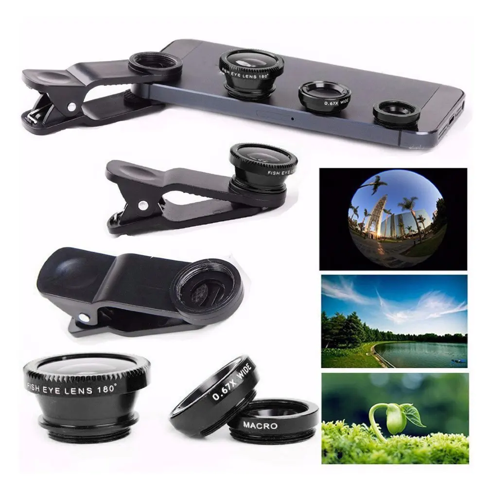3 in 1 wide angle macro fisheye lens camera kits mobile phone fish eye lenses with clip 0 65x for iphone samsung all cell phones free global shipping