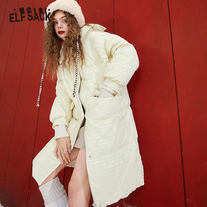 ELFSACK Solid Pure Oversize 90% White Duck Down Coat Women,2021 Winter Ladies Korean Daily Warmness Outwear