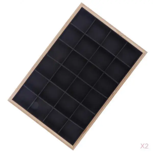 

2pcs Wooden Jewelry Ring Earrings Display Box Tray Storage 24 Slots