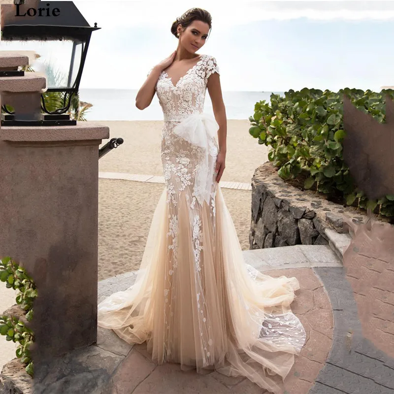 Свадебное платье цвета шампанского с юбкой годе|Свадебные платья| |