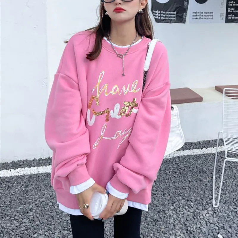 

Winter Women's Large Size Fleece Pullovers Coats Ultra Soft Crew Neck Sequins Patchwork Flocking Oversized Sweatshirt Outfit