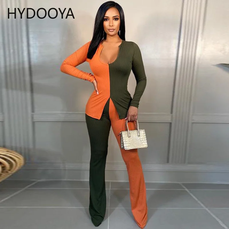 

Contrast Color Casual Two Piece Set Women Ribbed Knit Fall Clothes 2021 Long Sleeve Split Top Long Pants 2 Piece Women's Outfits