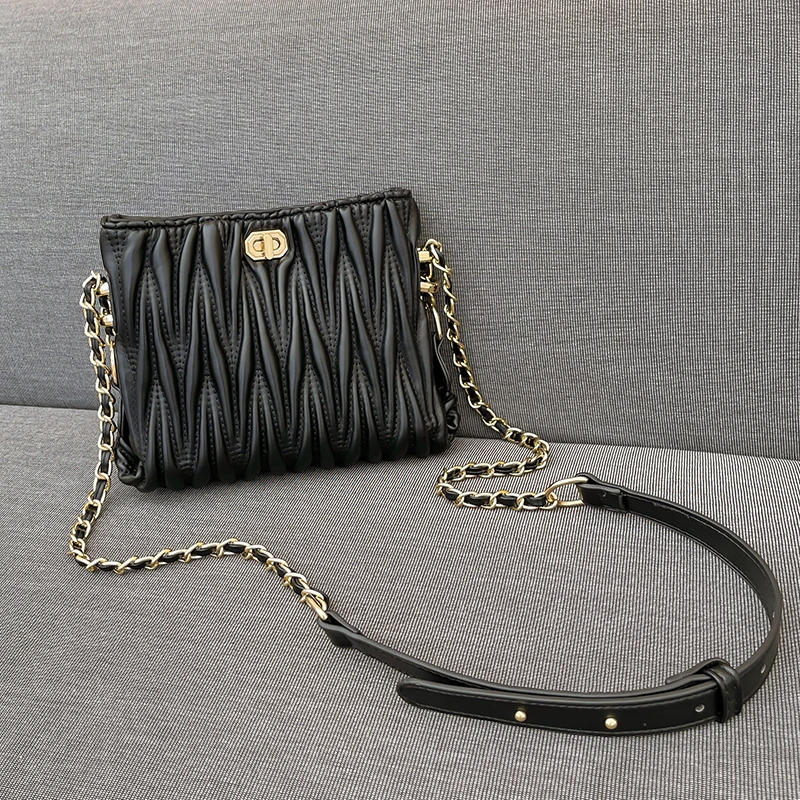 

Solid Color Pleated Small Tote Bags For Women Fashion High-quality PU Leather Luxury Handbag Chain Female Shoulder Messenger Bag