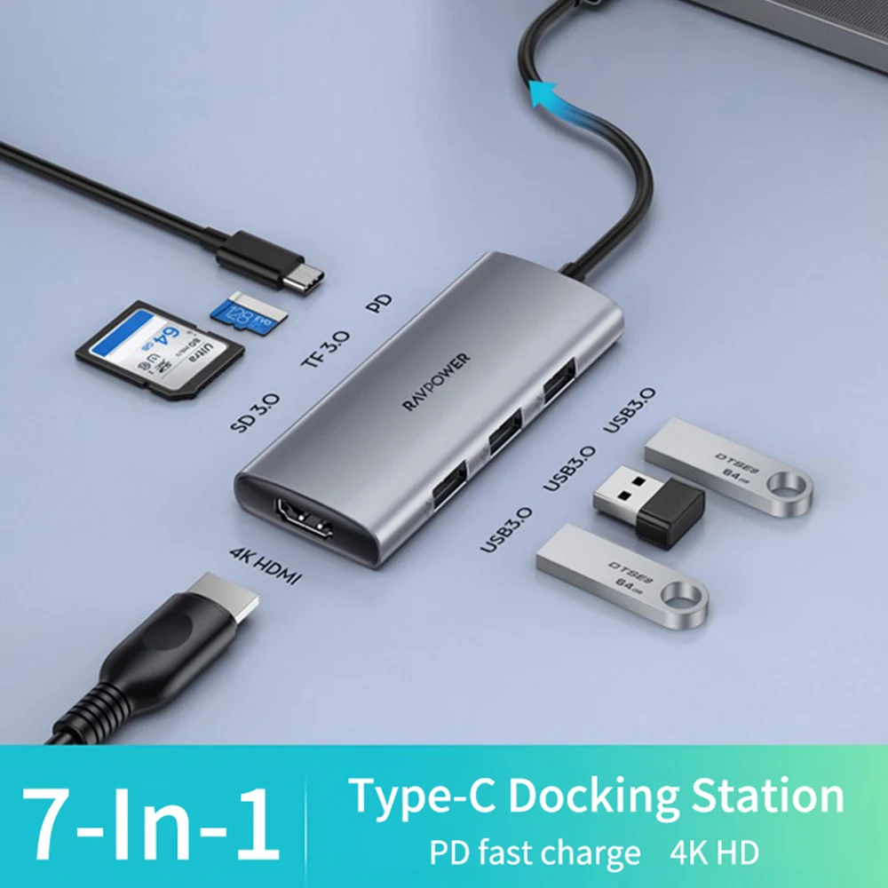 

Brand New 7 in 1 Type C Hub 100W Docking Station USB C For RAVPOWER Multi-function Converter For Macbook Laptop Phone