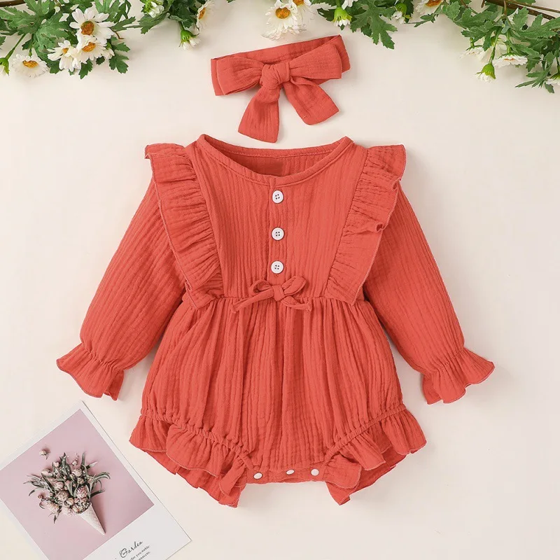 

Spring/Autumn Cute Baby Girl Cotton Linen Romper Newborn Ruffled Long Sleeved Shorts Jumpsuit With Headband Set 0-12M New