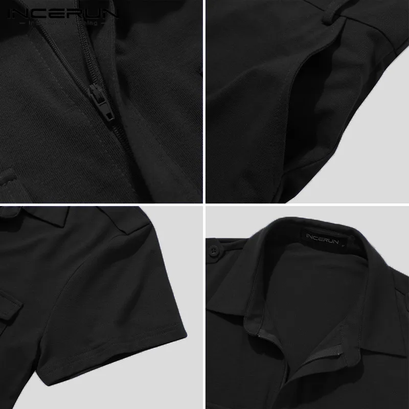 

INCERUN Men Jumpsuits Leisure Solid Color Rompers Short Sleeve Lapel Neck Tops Zipper Shorts Joggers Man Pockets Cargo Overalls