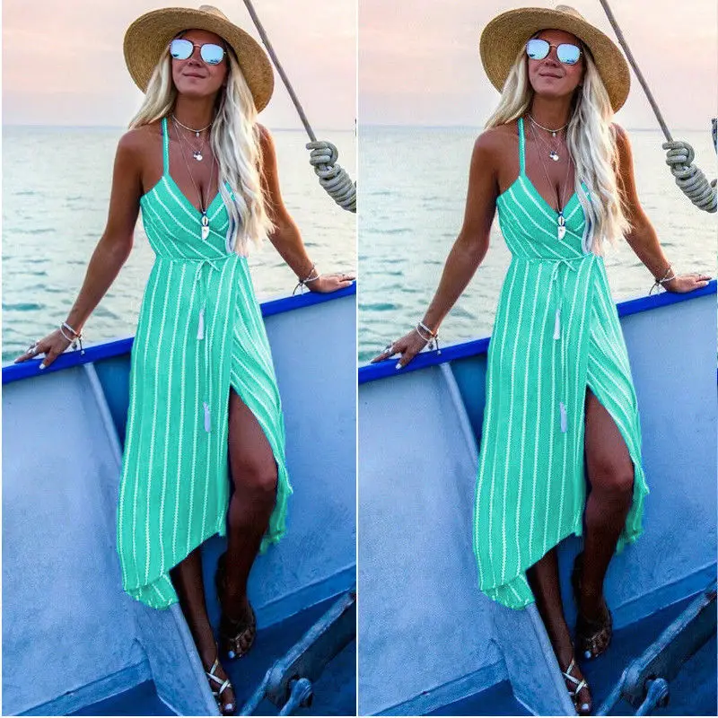 Летнее женское платье макси в полоску стиле бохо вечернее на тонких бретелях