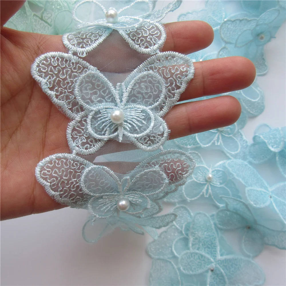2 ярда голубая растворимая жемчужная бабочка из полиэстера вышитая кружевная