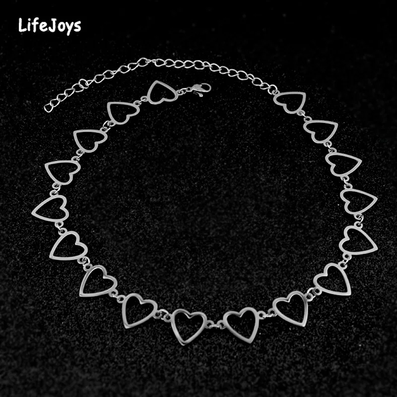 

Stainless Steel Heart Chain Choker Necklace Silver Color Hollow Multi Hearts Charms Love Cute Jewelry Statement For Girls Women