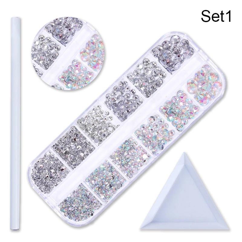 Set 1 1 коробка для дизайна ногтей 3D Амулеты Стразы для ногтей круглые смешанные цвета, плоский задник красочные блестящие стразы для украшения ногтей - Цвет: Set 1
