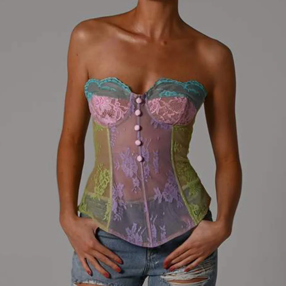 

Y2k 90-х Топ для девушек новый цветной контрастный прозрачный кружевной Асимметричный жилет с вышивкой в виде рыбьей кости осень-зима