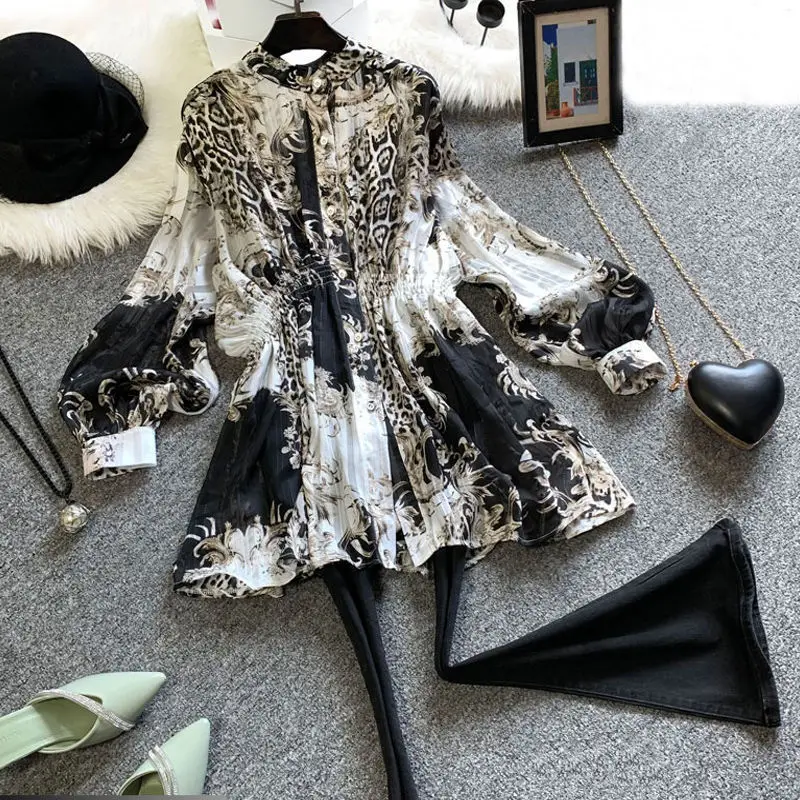 

Long Floral Chiffon Women Shirts Summer Vintage 2021 Lantern Sleeved Slim Elegant Office Lady Outwear Tops