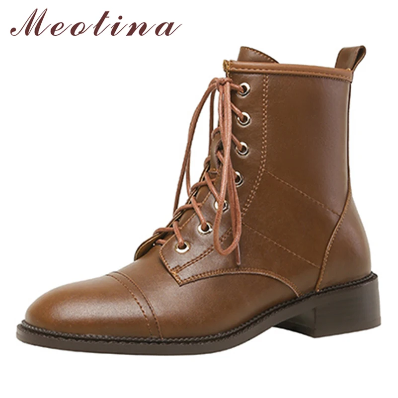 

Женские ботильоны из натуральной кожи Meotina, Осенние коричневые и черные ботинки на среднем каблуке, на шнуровке, с круглым носком, на молнии, ...