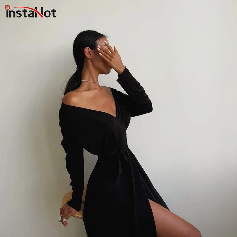 

InstaHot Women Lace Up Sexy Splitted Dress Solid Vintage V-Neck Casual Club Party 2021 Female Autumn Elegant Full Sleeve Dress