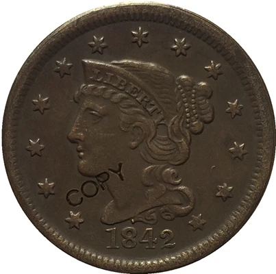 1842 Large Date США 1839-1857 Заплетенные волосы большой цент копии монет - Цвет: 1842 Large Date